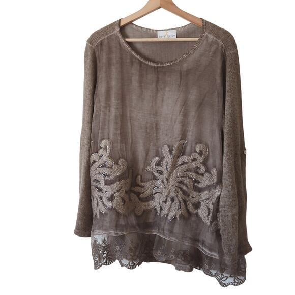 Belle France Layered Sweater Silk Taupe Sequins Lagenlook Made Italy Womens S - Picture 1 of 8